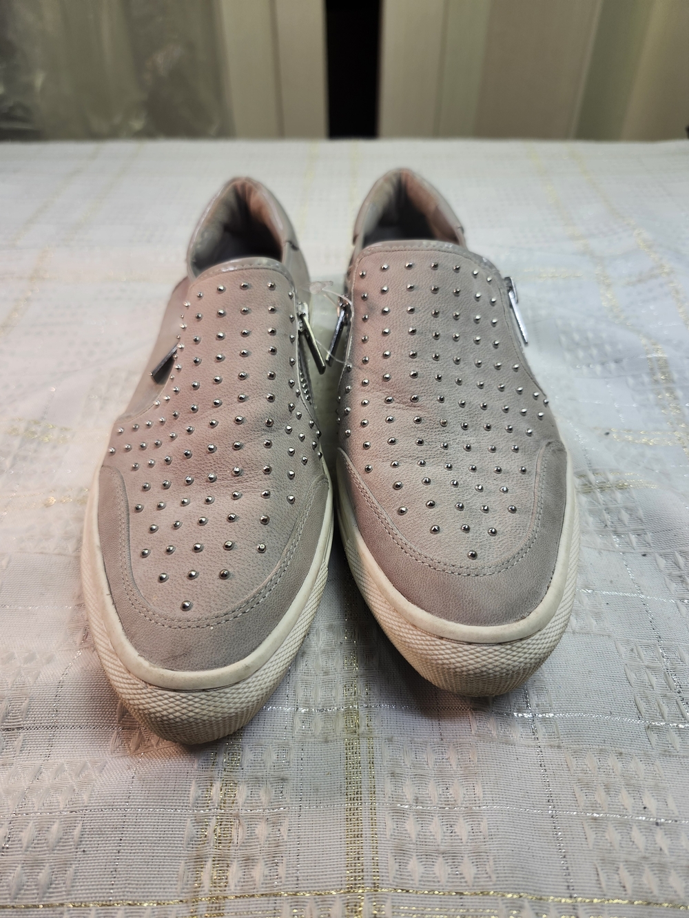 Bongo Studded Slip-On Mules in Light Gray